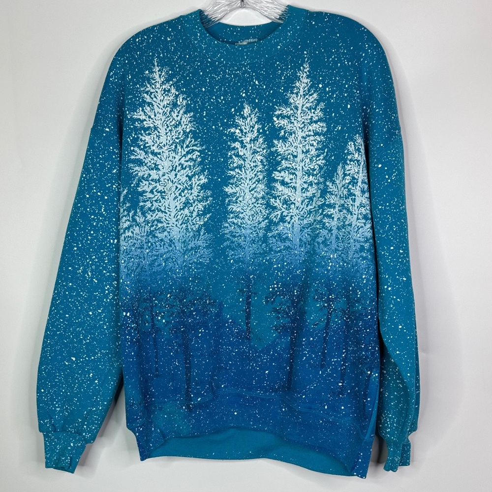 Vintage Jerzees Super Sweats Painted Tree Blue Crewneck Sweatshirt Size XL
